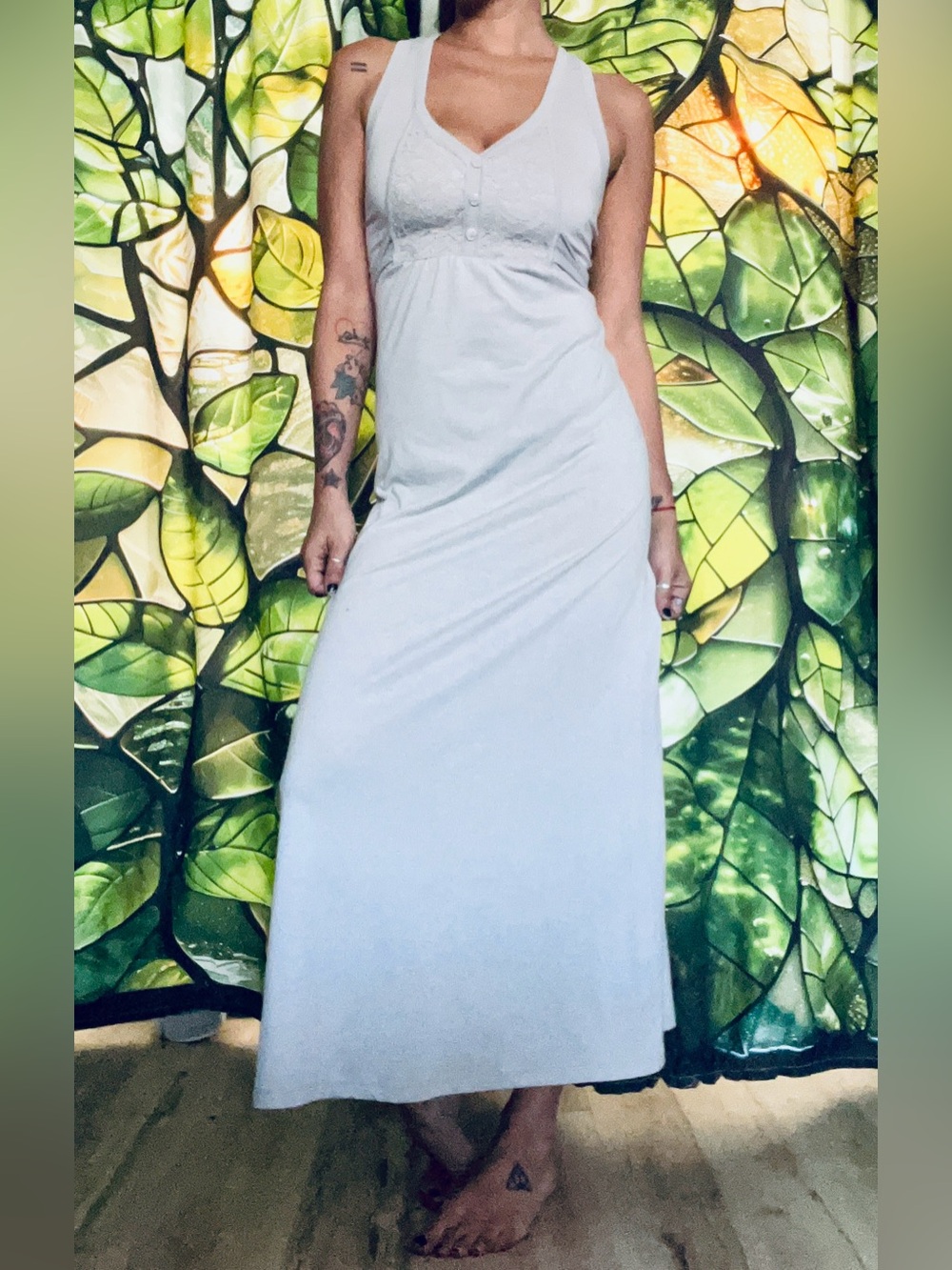 Grey Maxi Tank Dress with V-Neck & Lace Back